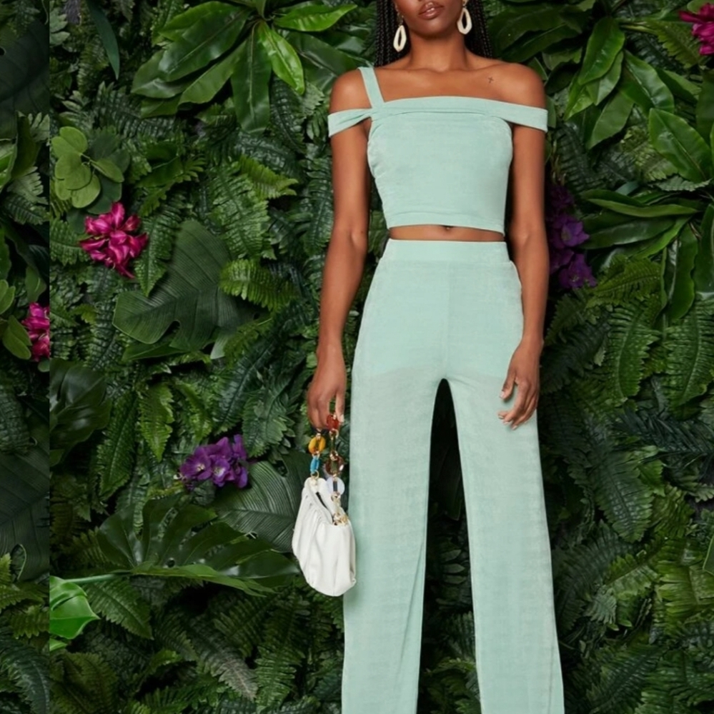 Shein two piece metallic mint pant set